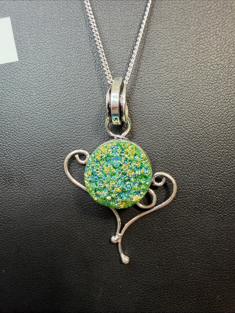 Green Sparkle Druzy Heart Pendant Necklace 925 plated A3